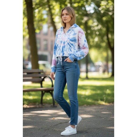 Hollister Tops - Hollister Tie Dye Hoodie Cropped Drawstring Pink Blue White Size S